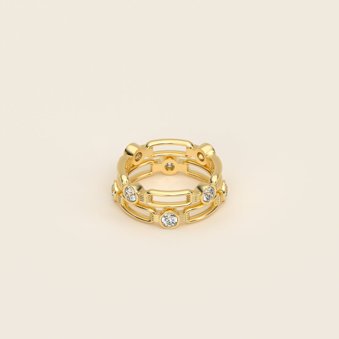 Shen — Ring — Double Link Band — Bezel-Set Diamond — 18k Yellow Gold