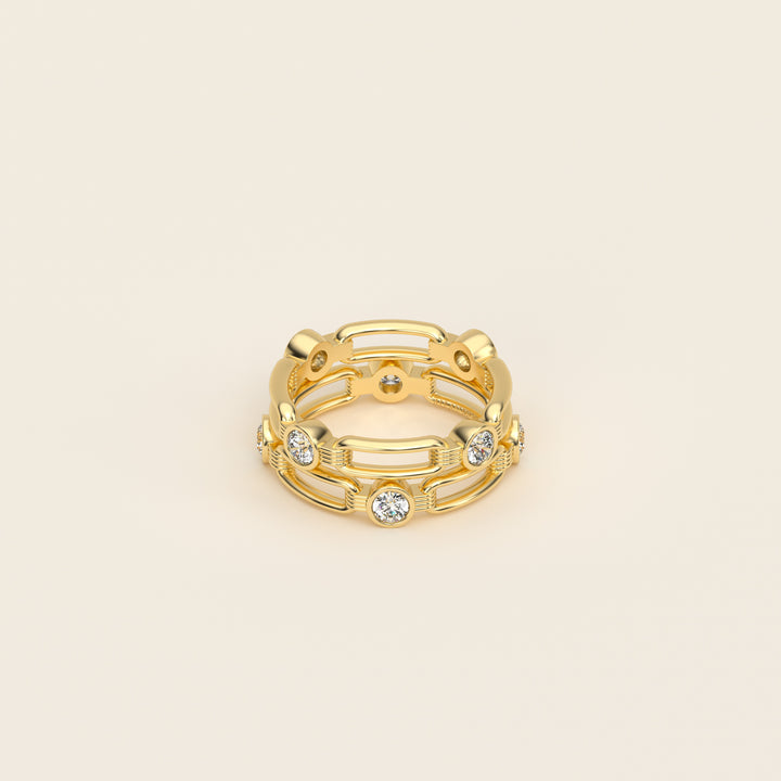 Shen — Ring — Double Link Band — Bezel-Set Diamond — 18k Yellow Gold