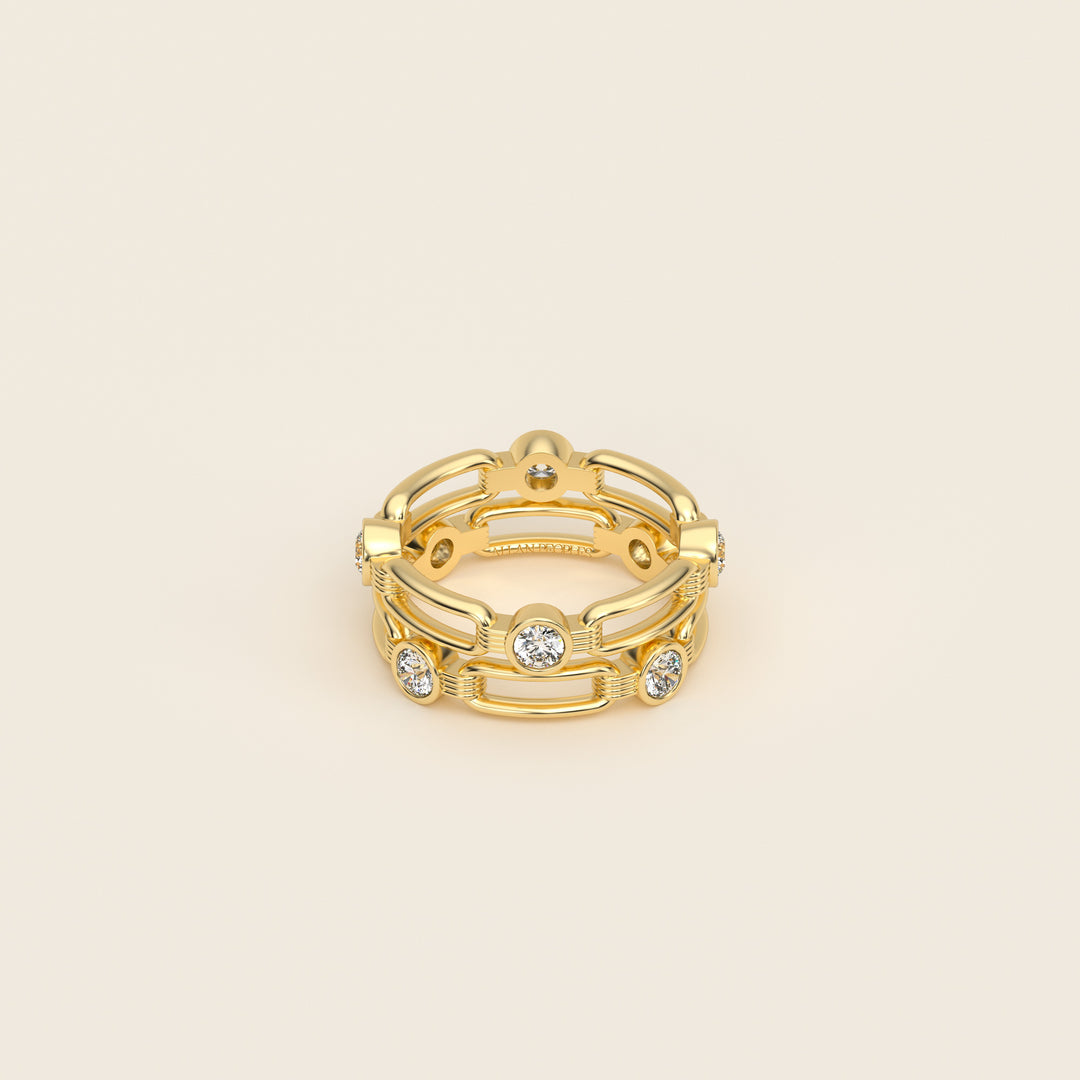 Shen — Ring — Double Link Band — Bezel-Set Diamond — 18k Yellow Gold