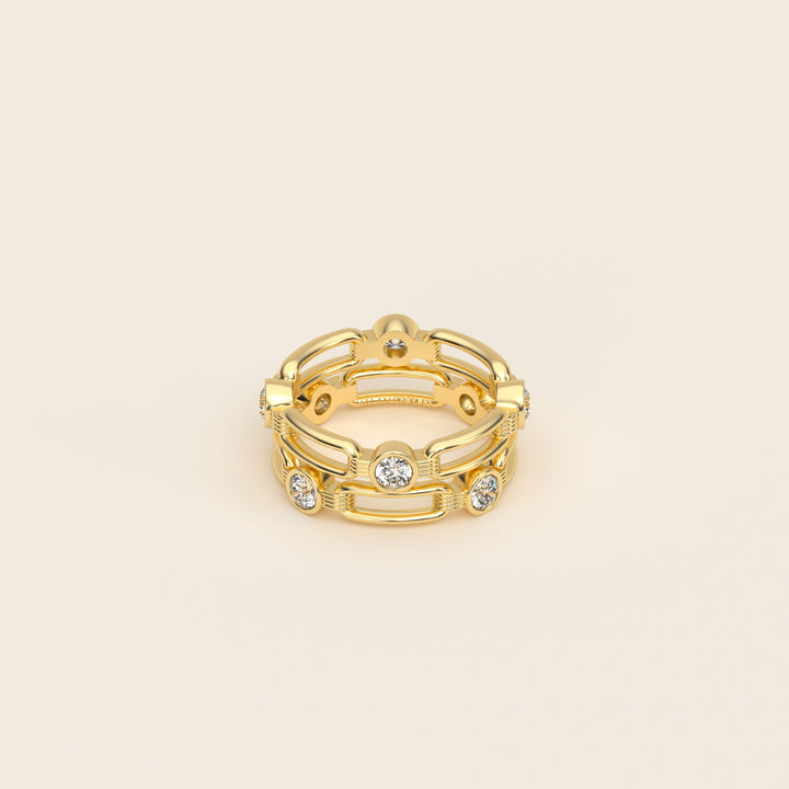 Shen — Ring — Double Link Band — Bezel-Set Diamond — 18k Yellow Gold
