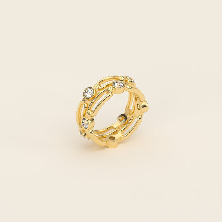 Shen — Ring — Double Link Band — Bezel-Set Diamond — 18k Yellow Gold