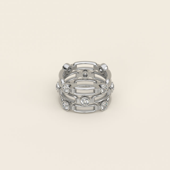 Shen — Ring — Triple Link Band — Bezel-Set Diamond — Platinum
