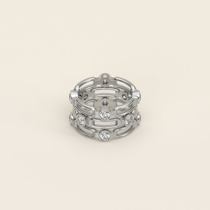 Shen — Ring — Triple Link Band — Bezel-Set Diamond — Platinum