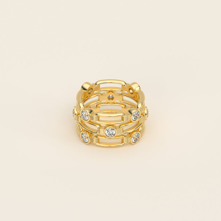 Shen — Ring — Triple Link Band — Bezel-Set Diamond — 18k Yellow Gold