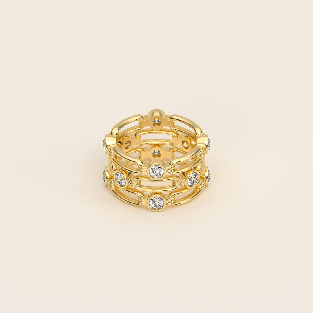Shen — Ring — Triple Link Band — Bezel-Set Diamond — 18k Yellow Gold
